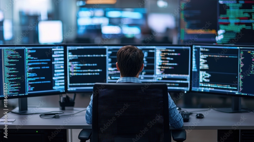 Fototapete Programmer working on multiple monitors displaying code in a modern office