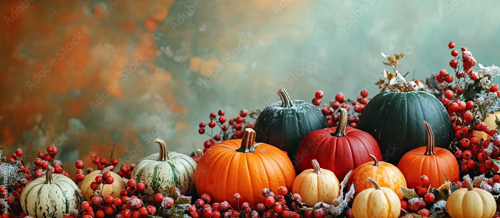 Leinwandbilder fall backdrop featuring orange red and green pumpkins along with snowberry decorations for social me
