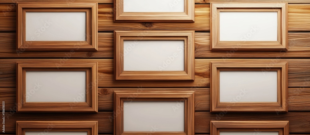 Fototapete empty photo frames on a wooden background. with copy space image. place for adding text or design
