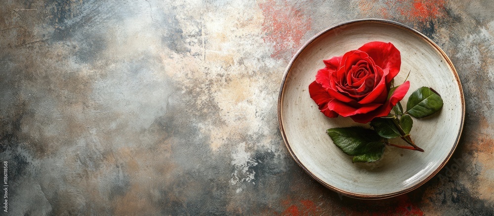 Aufkleber rose flower on a plate against a concrete background. with copy space image. Place for adding text or design