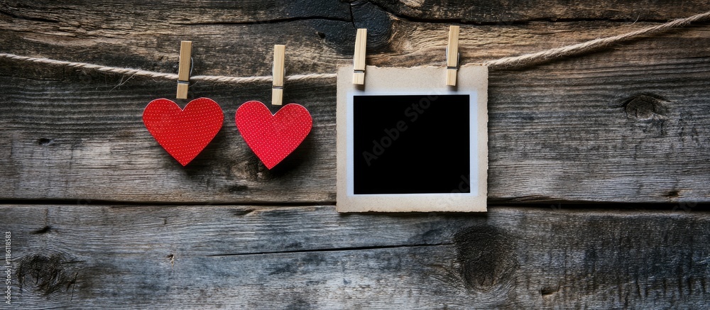 Aufkleber Instant photo and paper heart hanging on a clothesline with no words against an old wood backdrop. with copy space image. Place for adding text or design