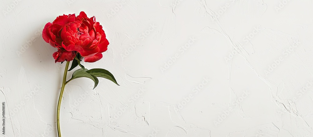 Poster studio shot of a single stunning peony flower against a white background with ample copy space for t