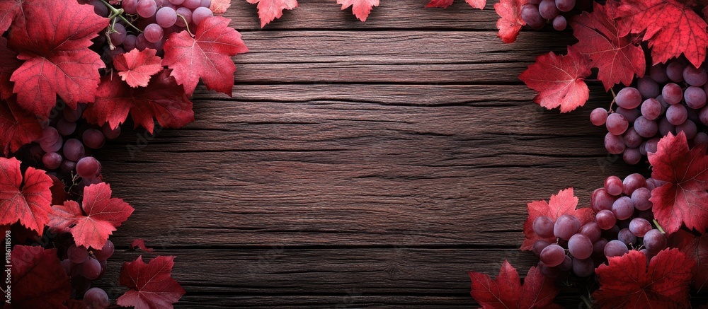 Aufkleber Red grape leaves on a wooden backdrop Autumn scenery. with copy space image. Place for adding text or design