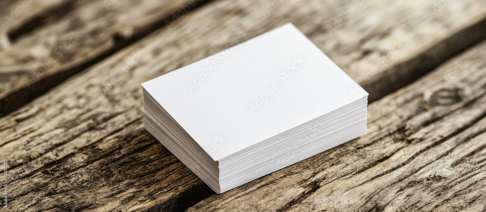Poster mockup of a stack of blank white business cards on a vintage wooden table background. with copy spac