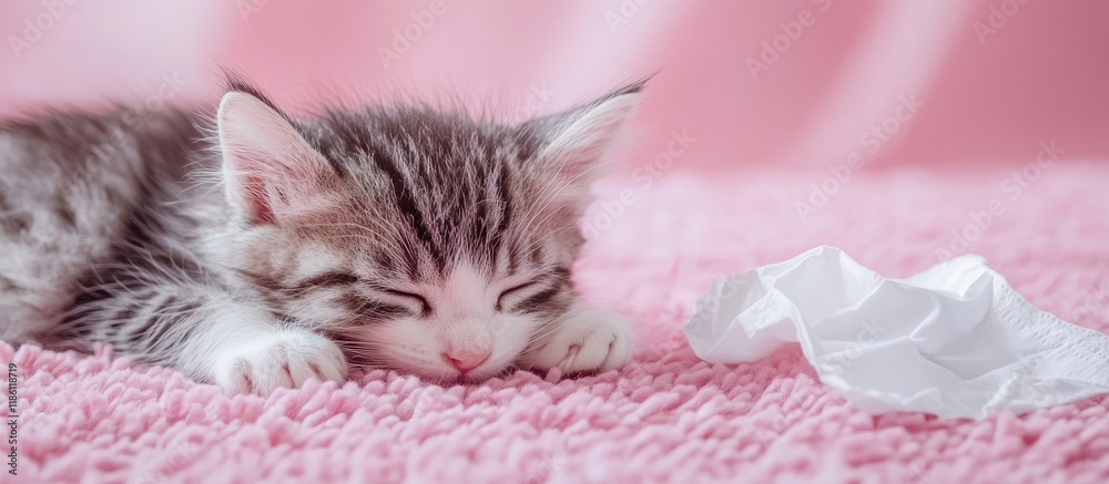 Aufkleber The kitten is resting on a pink carpet with a white tissue nearby and a plank backdrop. with copy space image. Place for adding text or design