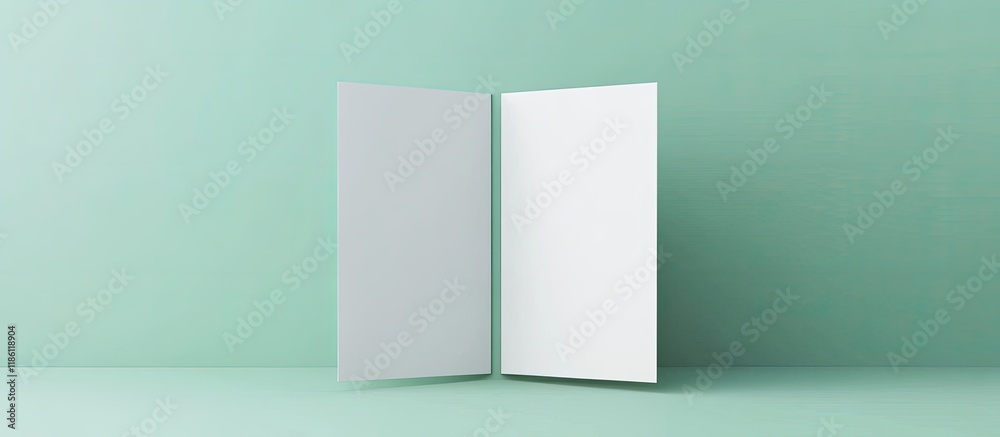 Poster Mockup of a blank white tri fold brochure on a green background. with copy space image. Place for adding text or design