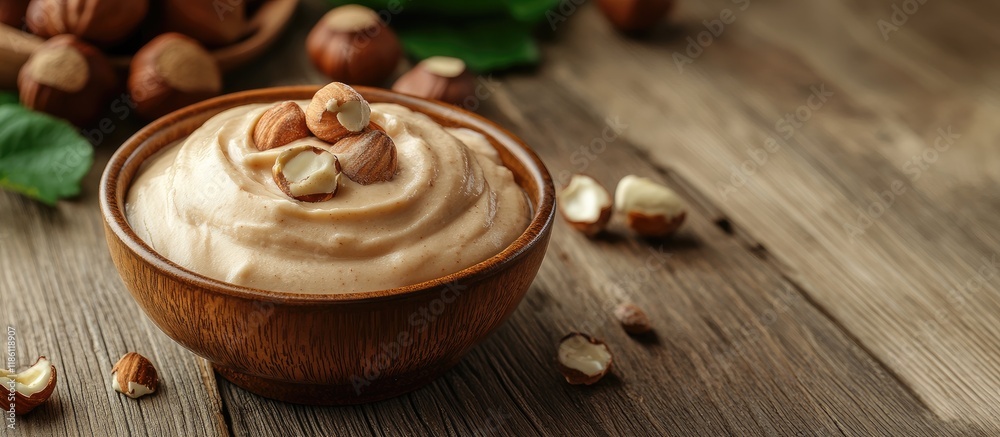 Leinwandbilder Hazelnut cream ingredients displayed on a rustic wooden table. with copy space image. Place for adding text or design