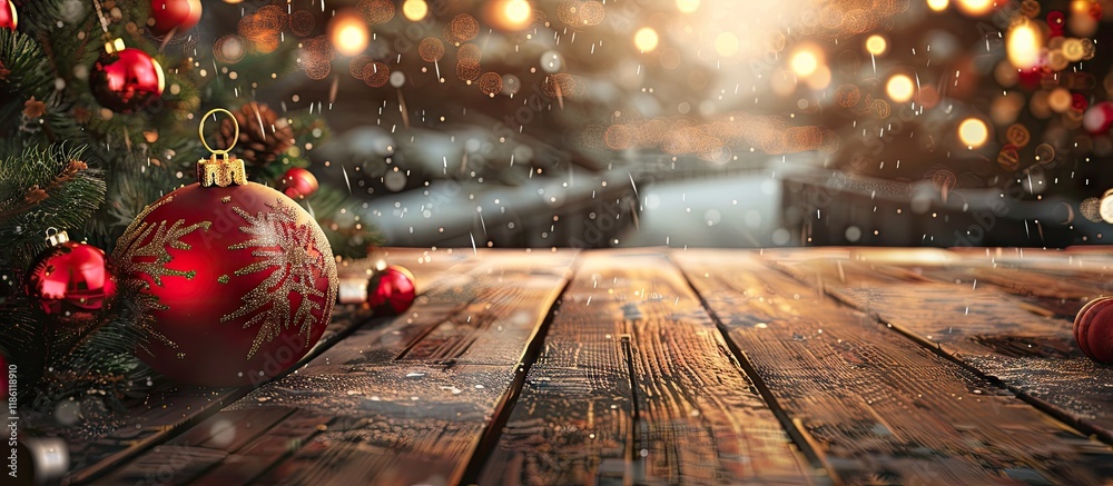 Aufkleber Christmas Ornamentation on a Wooden Surface. with copy space image. Place for adding text or design