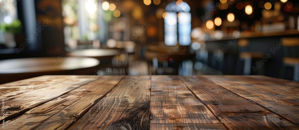 Aufkleber Selected focus on an empty brown wooden table with a blurred coffee shop background. with copy space image. Place for adding text or design