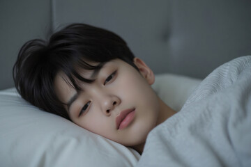 Close-up of asian teenage boy sleeping in his bed