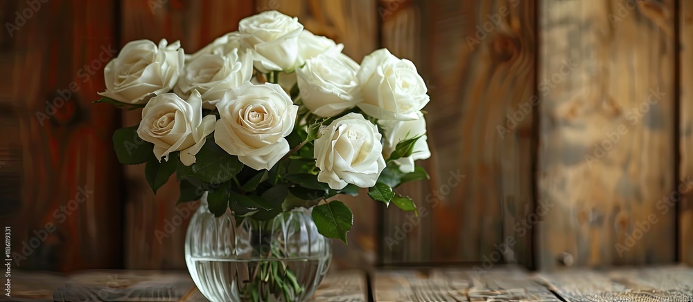 Poster White roses in a glass vase set against a romantic backdrop for Valentine s Day. with copy space image. Place for adding text or design