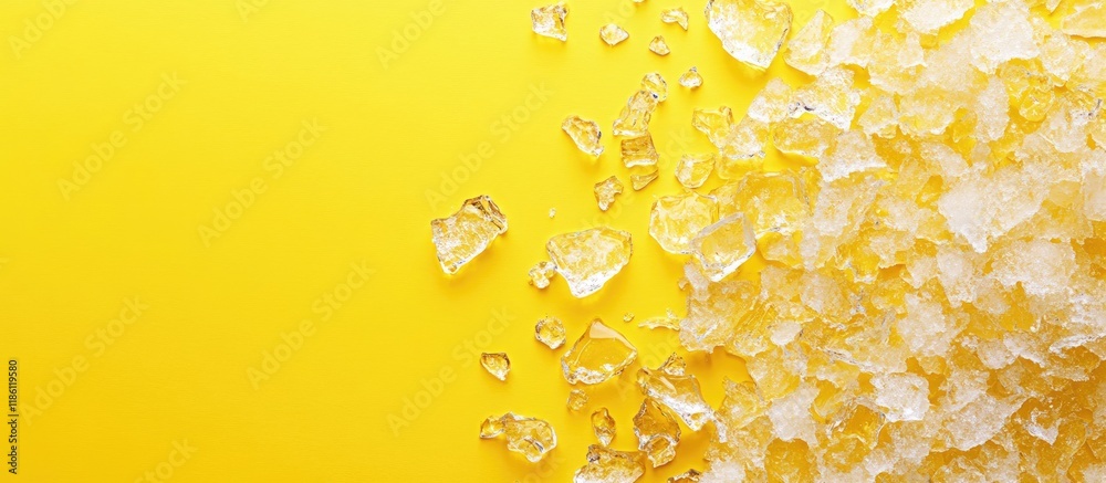 Poster Crushed ice fragments on a yellow background top view Room for text. with copy space image. Place for adding text or design