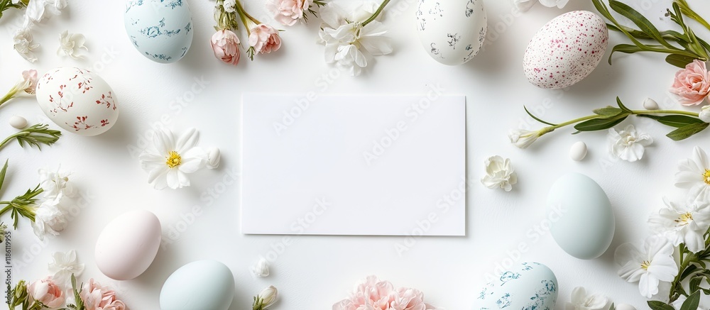 Fototapete arrangement featuring a blank card flowers and easter eggs on a white background. with copy space im