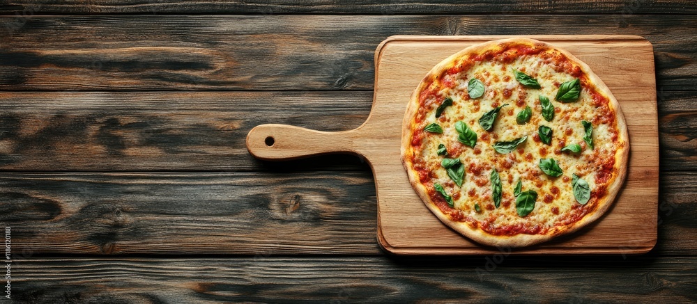 Fototapete pizza cutting board on rustic wooden background. with copy space image. place for adding text or des