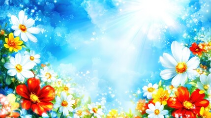 Fototapeta premium Dreamy and Colorful Meadow of Wildflowers Under a Soft Blue Sky with Sunlight Streaming Through Clouds