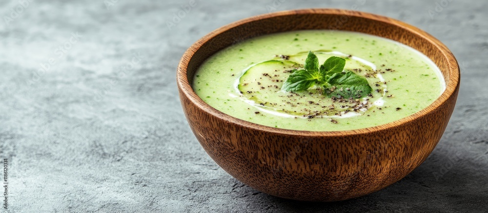 Fototapete Vegan cold cucumber cream soup served in a wooden bowl against a gray backdrop. with copy space image. Place for adding text or design