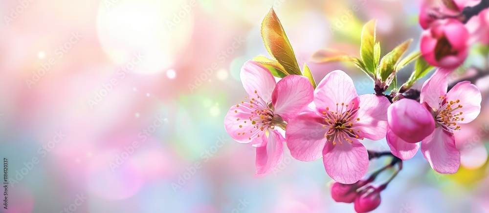 Poster blooms on a tree branch in spring set against a blurred background with copyspace
