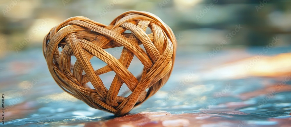 Aufkleber wooden wicker heart rattan crafted in the shape of a heart concept of love background with shallow f