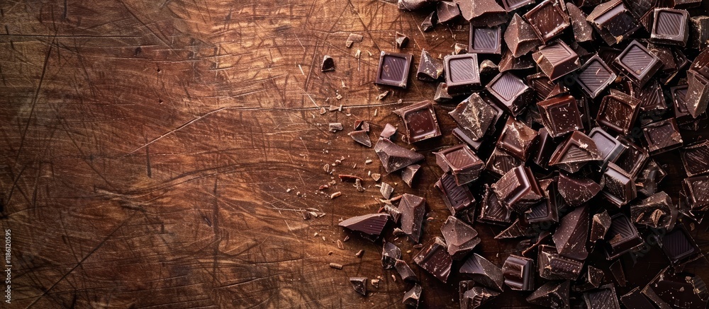 Fototapete Chopped chocolate on a wooden surface with space for text. with copy space image. Place for adding text or design