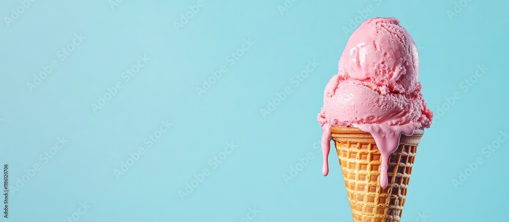 Poster strawberry ice cream dripping and overflowing from the waffle cone against a blue background minimal