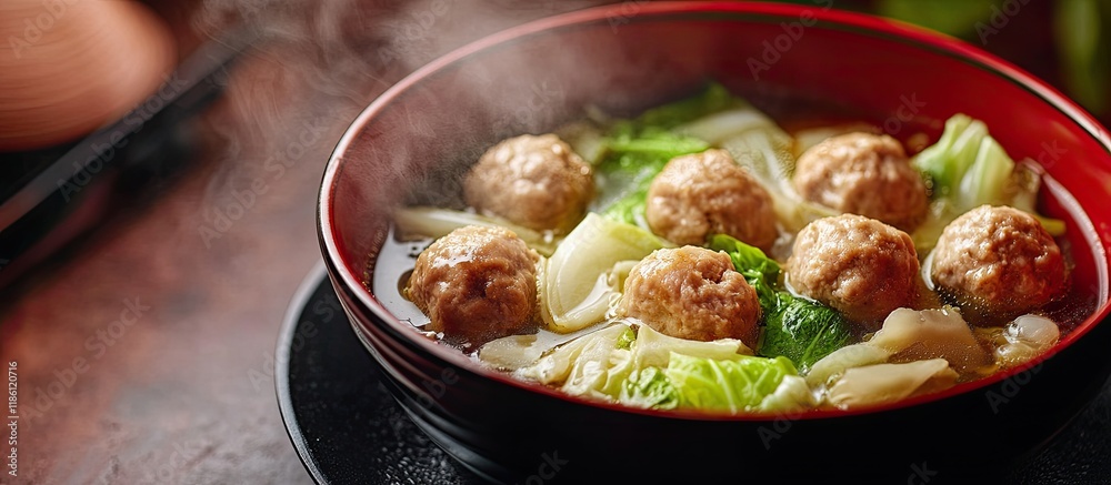 Fototapete Japanese hot pot with chicken meatballs leeks and cabbage. with copy space image. Place for adding text or design