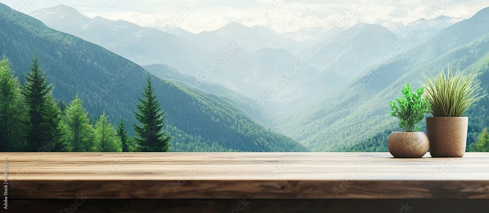 Poster Desk with empty space and stunning natural backdrop Mockup for showcasing or assembling products banner for online media advertising nature themed business presentation. with copy space image