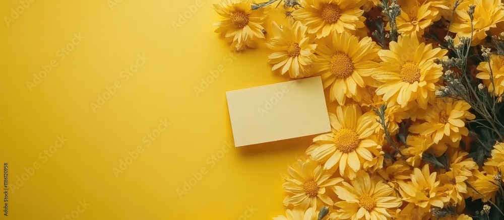 Fototapete fresh yellow flowers and a blank tag for your text. with copy space image. place for adding text or 