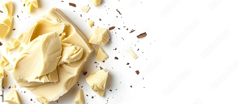 Poster cocoa butter for skincare white background top view copyspace