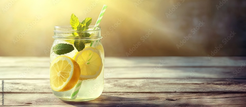 Aufkleber Refreshing ice cold water with lemon and mint served with a paper disposable straw Lemonade in a glass jar perfect for spring and summer days Light wooden background with copyspace
