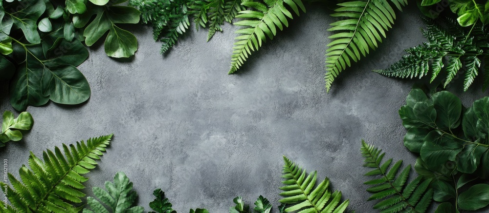Poster Creative arrangement of green fern and dahlia leaves on a gray background with space for your text Flat lay Nature concept. with copy space image. Place for adding text or design