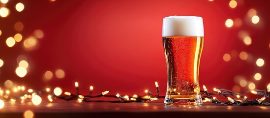 Full glass of beer or ale with Christmas lights on a red backdrop. with copy space image. Place for adding text or design