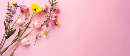 Obraz premium Bright vibrant Spring flowers on a soft pink background Artistic love arrangement with copyspace Minimalist theme Aesthetic flat lay