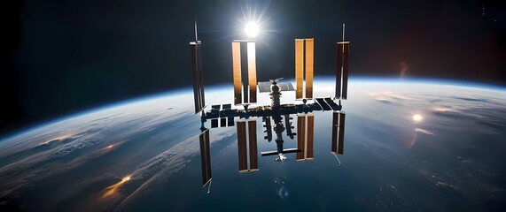 A beautiful view of the International Space Station emerging against shimmering celestial bodies