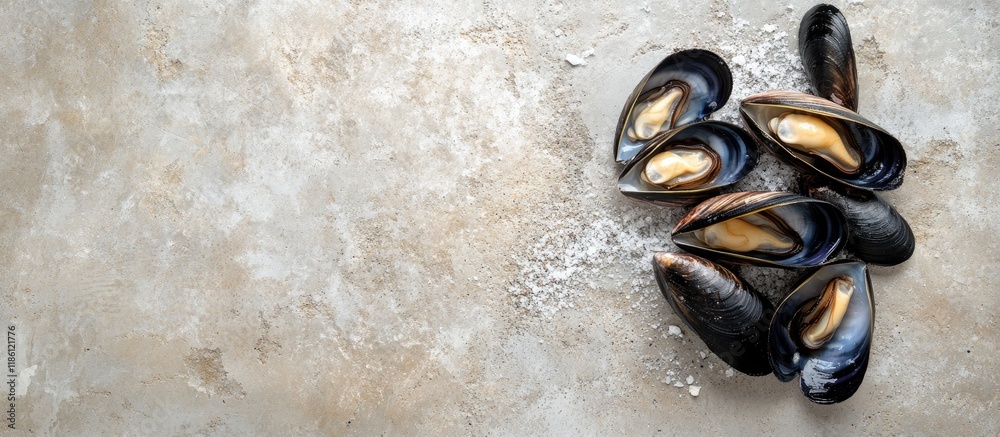 Poster mussels on a stone concrete surface top view copy space square crop