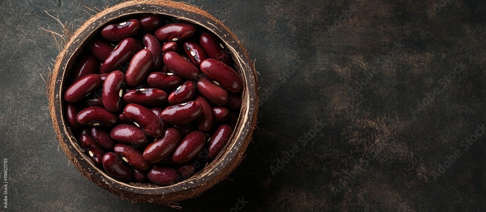 Poster red kidney beans inside a coconut shell bowl rich in protein top view with copy space close up