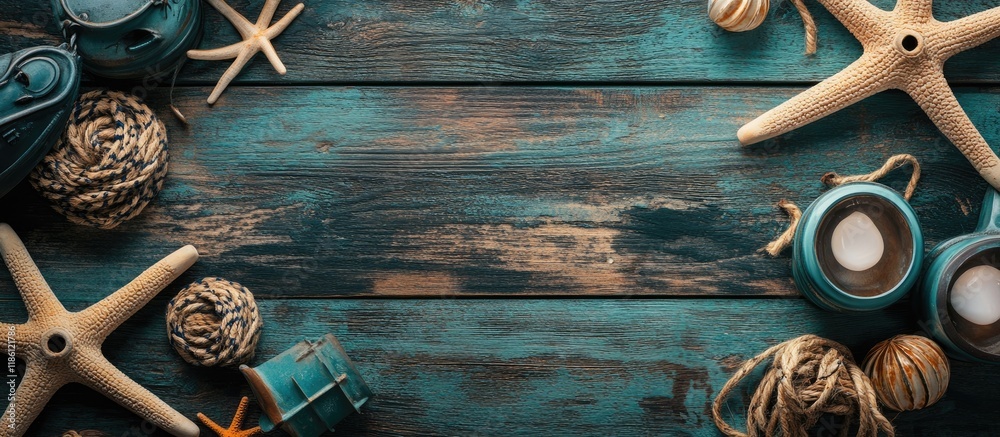 Poster Summer backdrop featuring nautical and marine decorations on a wooden table Top view from above. with copy space image. Place for adding text or design