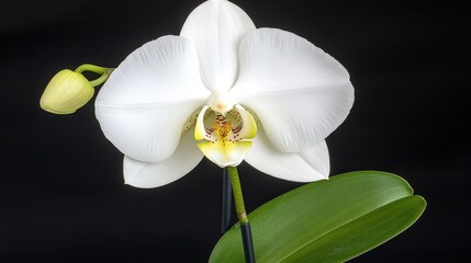 Naklejka premium Stunning Delicate White Orchid in Full Bloom, Softly Illuminated Against a Black Background
