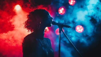 Singer on stage with microphone, vibrant lights and smoke effects creating a mesmerizing live performance atmosphere, highenergy show, dramatic lighting