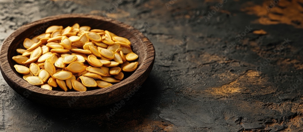 Leinwandbilder Wooden plate containing pumpkin seeds set against a dark unfocused background with empty space nearby for text or other elements. with copy space image. Place for adding text or design