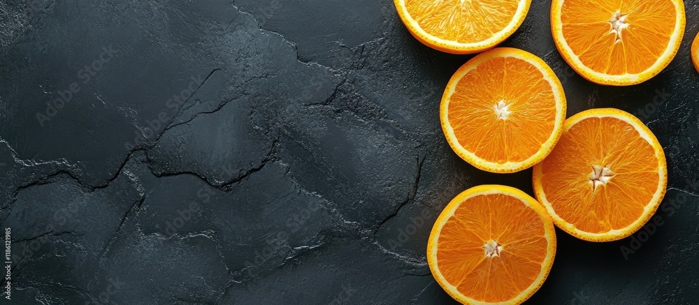 Poster halves and slices of fresh juicy oranges atop a black textured background. with copy space image. pl