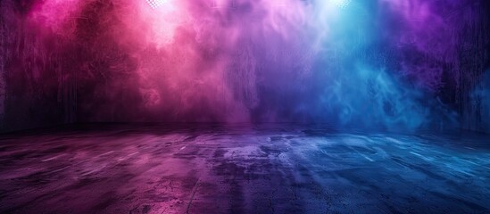 Obraz premium Abstract blurry concrete background with copyspace featuring stage lights with colored spotlights and smoke