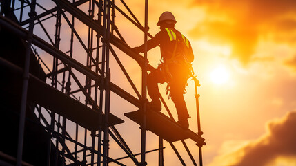 Sunset at the Construction Site: Skilled Worker in Safety Gear on Scaffolding, Embracing Hard Work and Teamwork in the High Altitude Industry