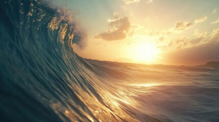 A huge ocean wave rolls toward the shore, illuminated by the warm sunset, creating a breathtaking coastal view