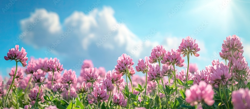 Fototapete Wild pink flowers of Alsike clover Trifolium hybridum ssp elegans in a field with the sky in the background selective focus viewed from below. with copy space image. Place for adding text or design