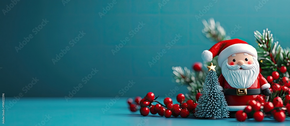 Fototapete Merry Christmas greeting card featuring a Santa Claus toy Christmas tree and red garland against a blue background in macro. with copy space image. Place for adding text or design