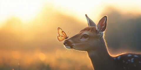 butterfly resting on deer nose in serene meadow at sunset