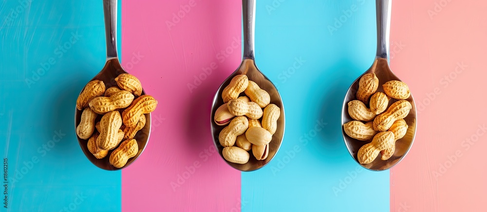 Leinwandbilder Spoons filled with delicious peanuts on a colorful background. with copy space image. Place for adding text or design