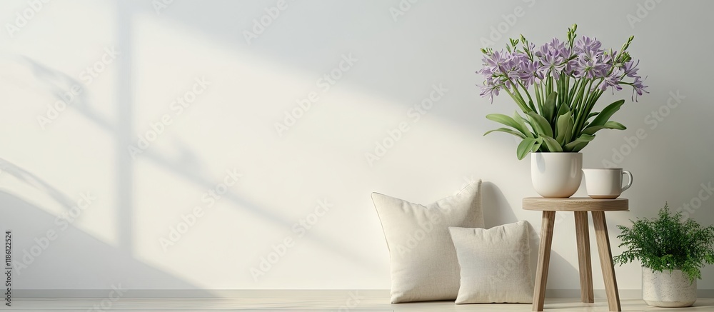 Poster vase filled with hyacinth flowers a cup on a stool and pillows beside a white wall in a room. with c