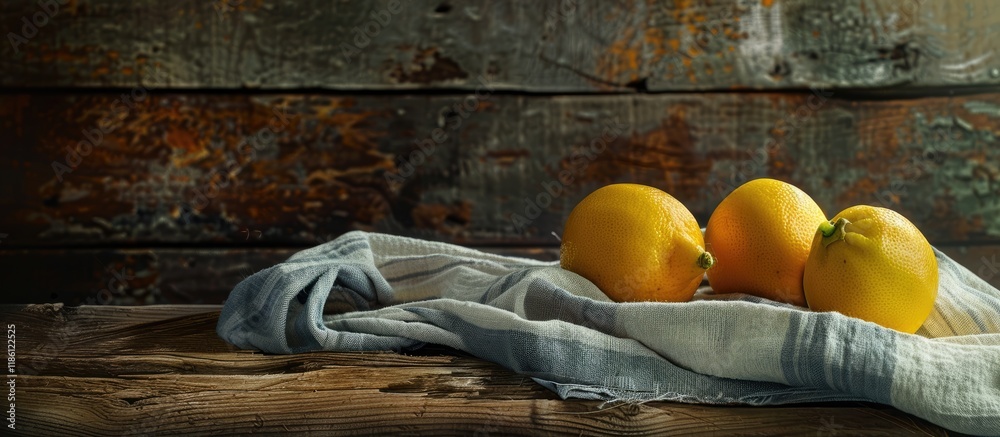 Fototapete Three juicy lemons on a cloth resting on a wooden background. with copy space image. Place for adding text or design
