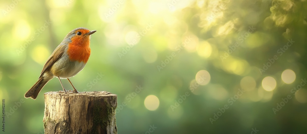 Poster a vibrant red robin also known as robin redbreast perched on an aged brown tree stump set against a 
